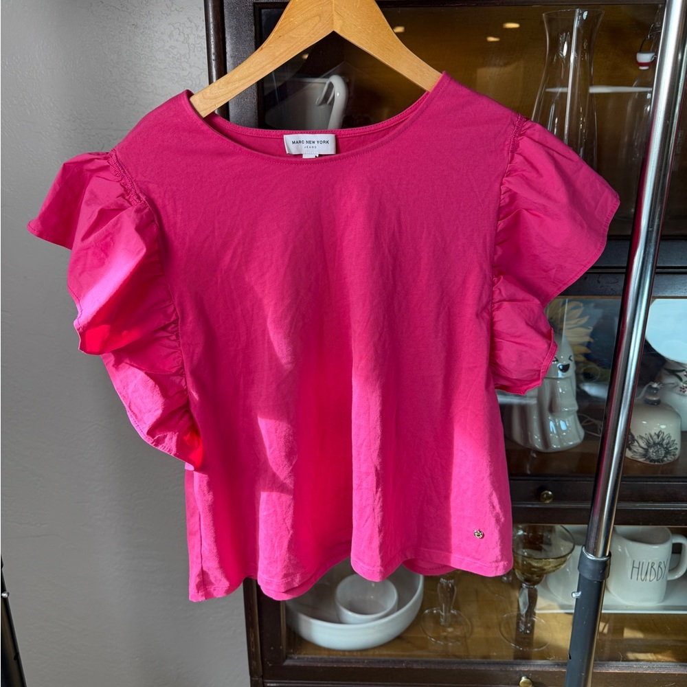 Marc New York Jeans Hot Pink Ruffle Sleeve Cotton Blend Casual Tee Size XL